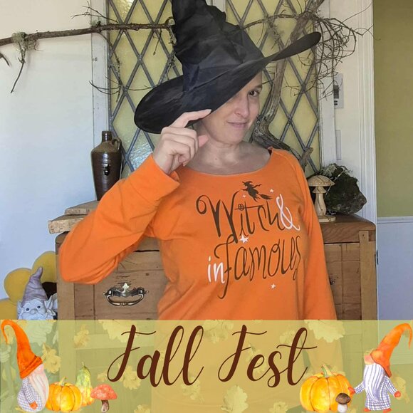 🍂 20% OFF - Pumpkin Orange Witch Graphic Long Sleeve T-Shirt Size L - Picture 1 of 10